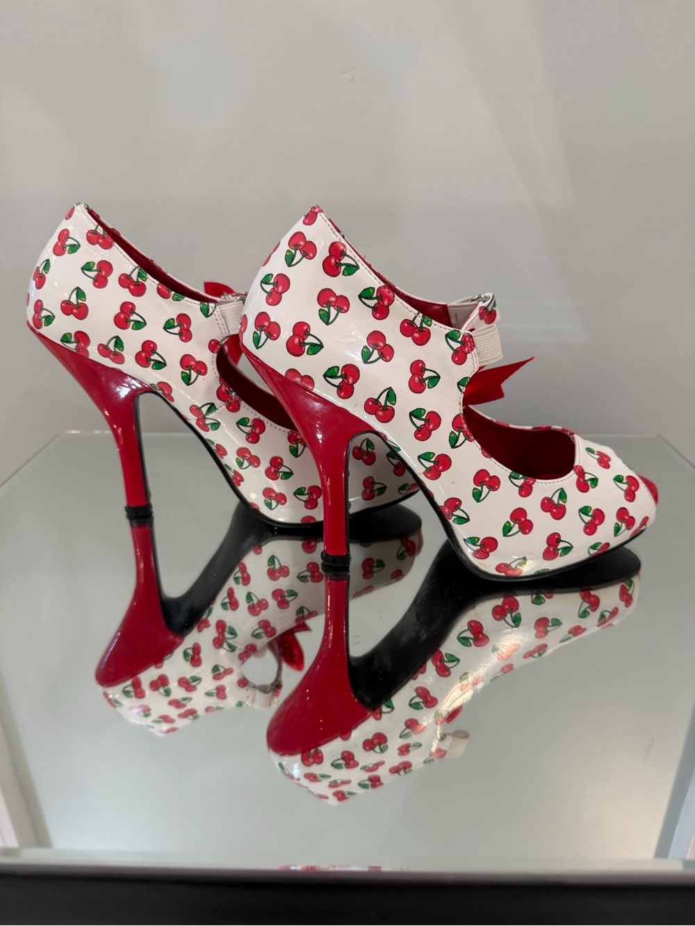Cherry-Print Red Peep-Toe Mary Jane Heels with Bow - Picture 2 of 5